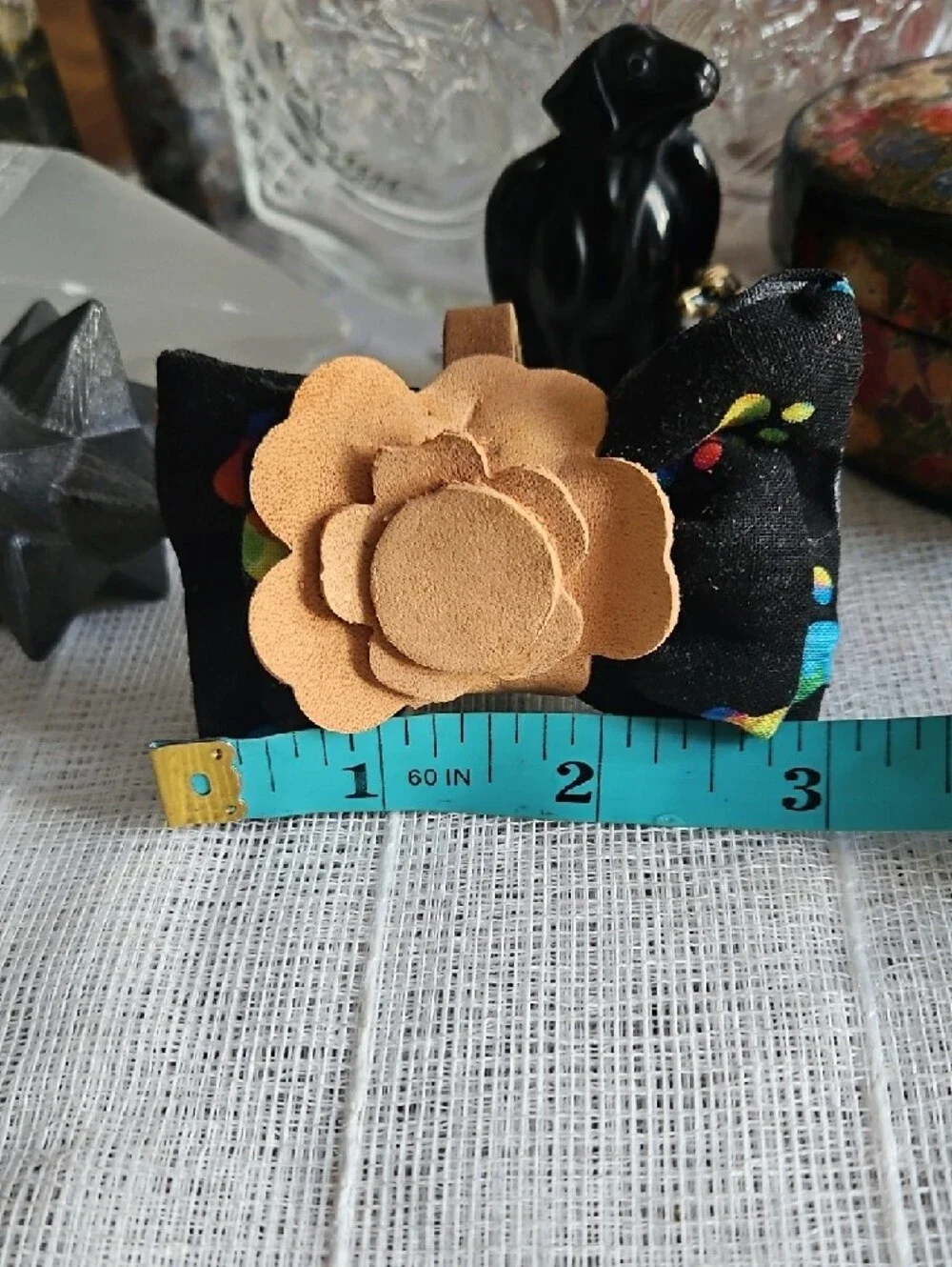 Hand Crafted Black Neon Paw Print Bow Tie with Tan Leather Flower Avcent NEW